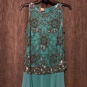 NWT JKARA Beaded Sequin Embellished Bodice Aqua Teal Maxi Sleeveless Dress (8)